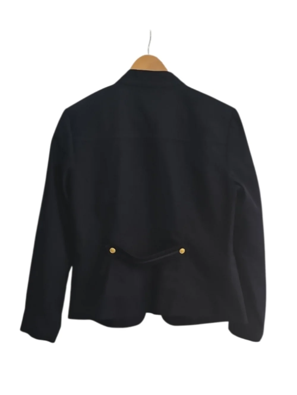 Sharon Young Dark Denim Stretch Military Jacket Gold Button Open Front Sz 12